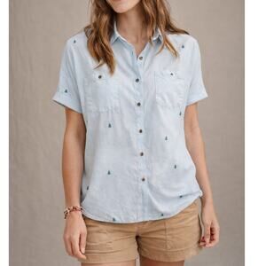 Toad and Co Indigo Wells Short Sleeve Button up Shirt Christmas Tree Blue Sz Lrg